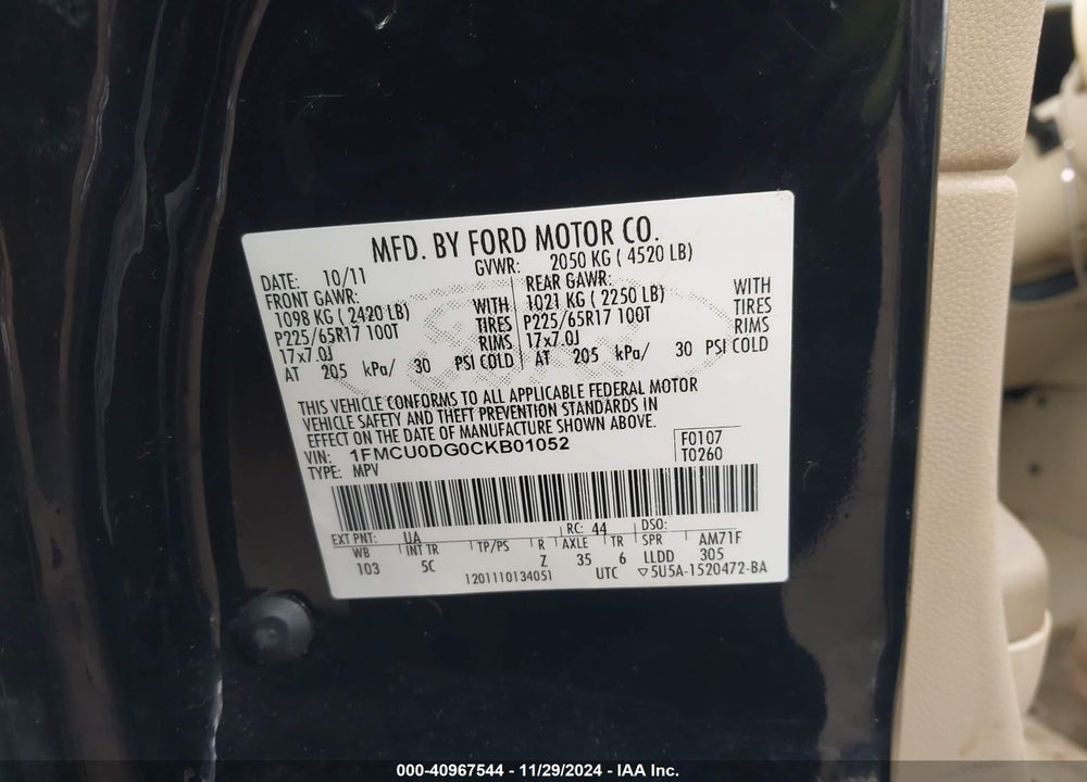 2012 FORD ESCAPE XLT VIN: 1FMCU0DG0CKB01052