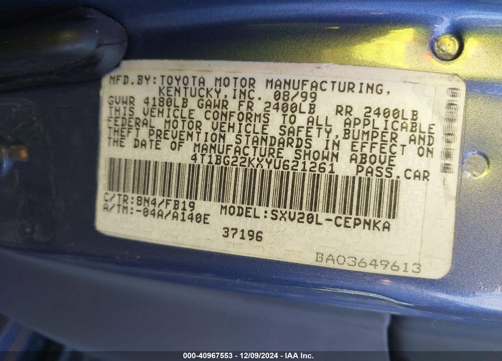 2000 TOYOTA CAMRY LE VIN: 4T1BG22KXYU621261