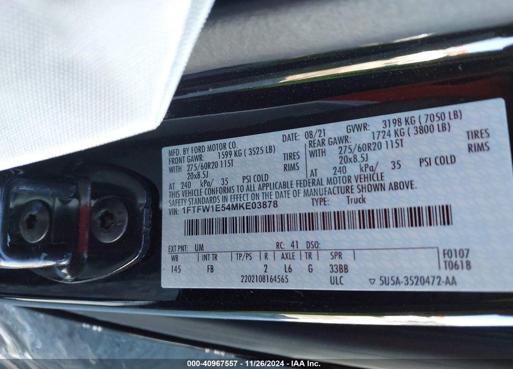 2021 FORD F-150 VIN: 1FTFW1E54MKE03878