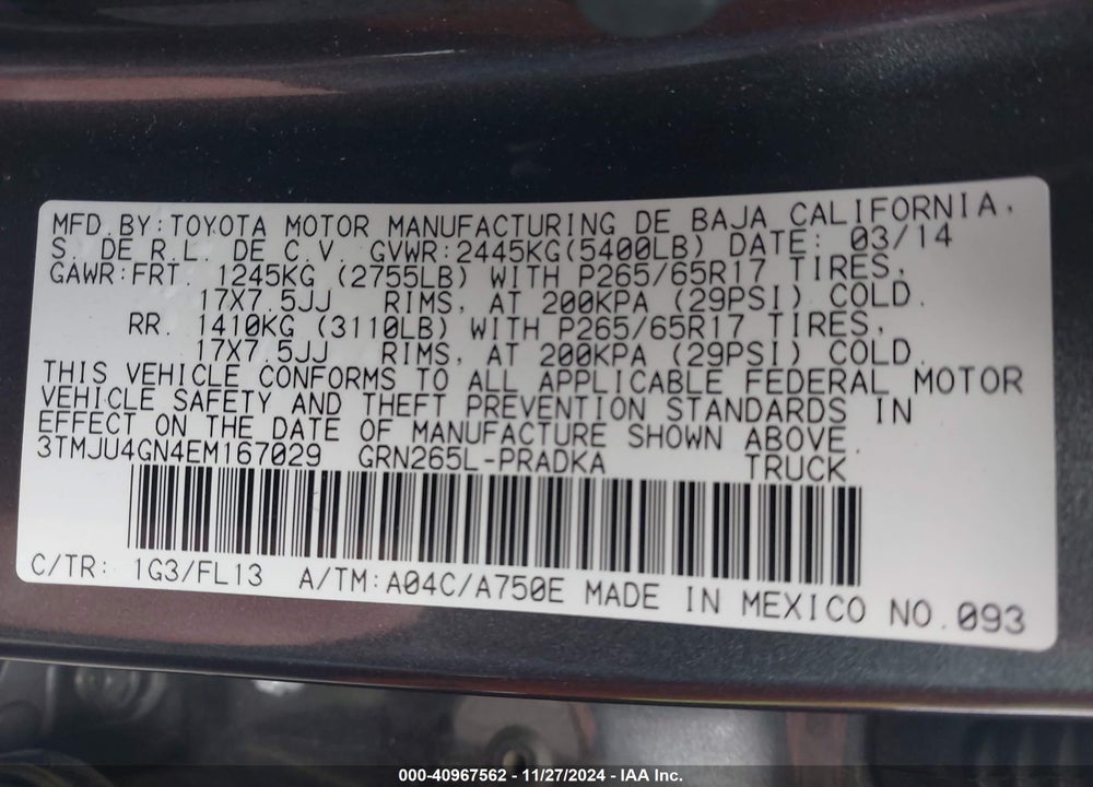 2014 TOYOTA TACOMA DOUBLE CAB PRERUNNER VIN: 3TMJU4GN4EM167029
