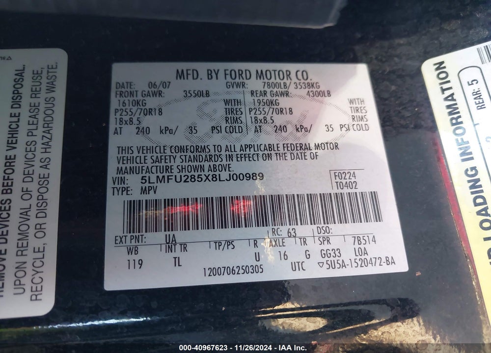 2008 LINCOLN NAVIGATOR VIN: 5LMFU285X8LJ00989