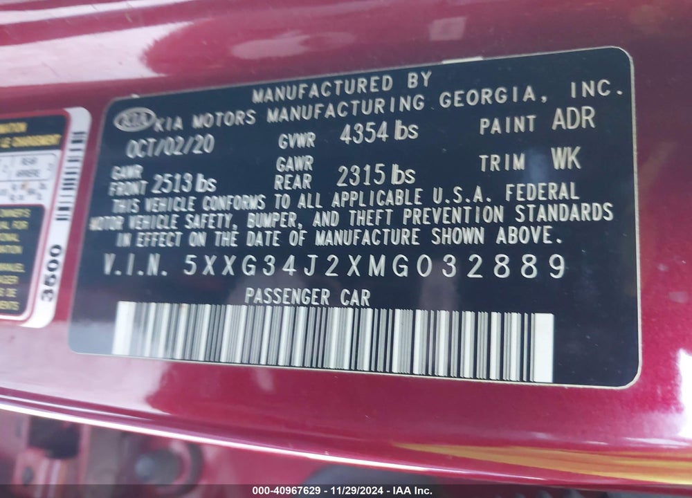 2021 KIA K5 EX VIN: 5XXG34J2XMG032889