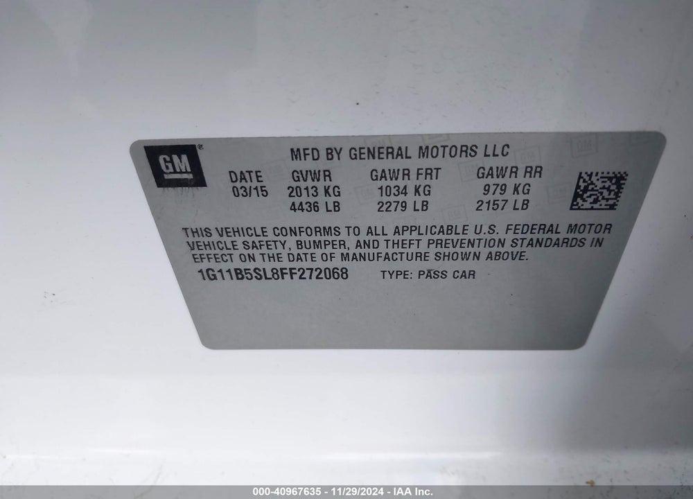 2015 CHEVROLET MALIBU LS VIN: 1G11B5SL8FF272068
