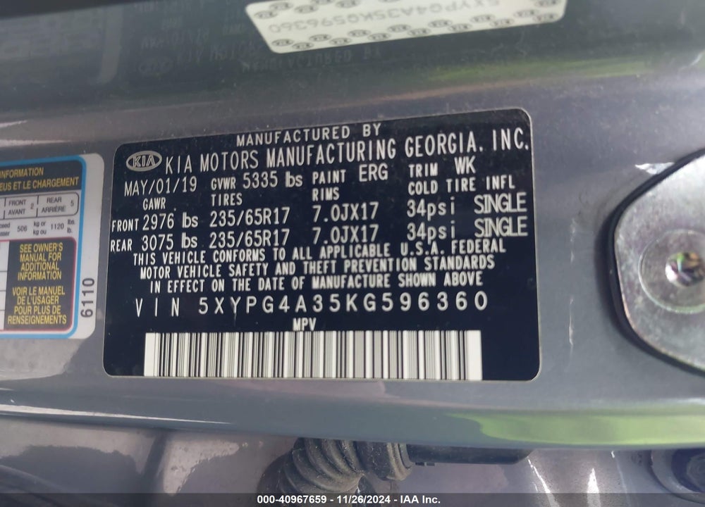 2019 KIA SORENTO 2.4L L VIN: 5XYPG4A35KG596360