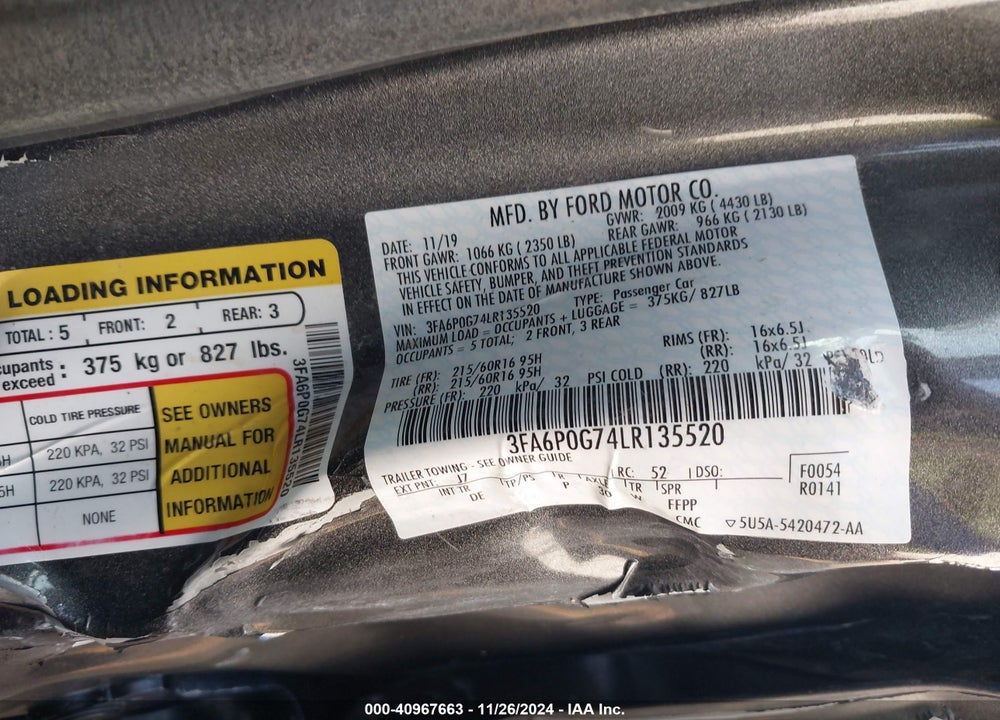 2020 FORD FUSION VIN: 3FA6P0G74LR135520