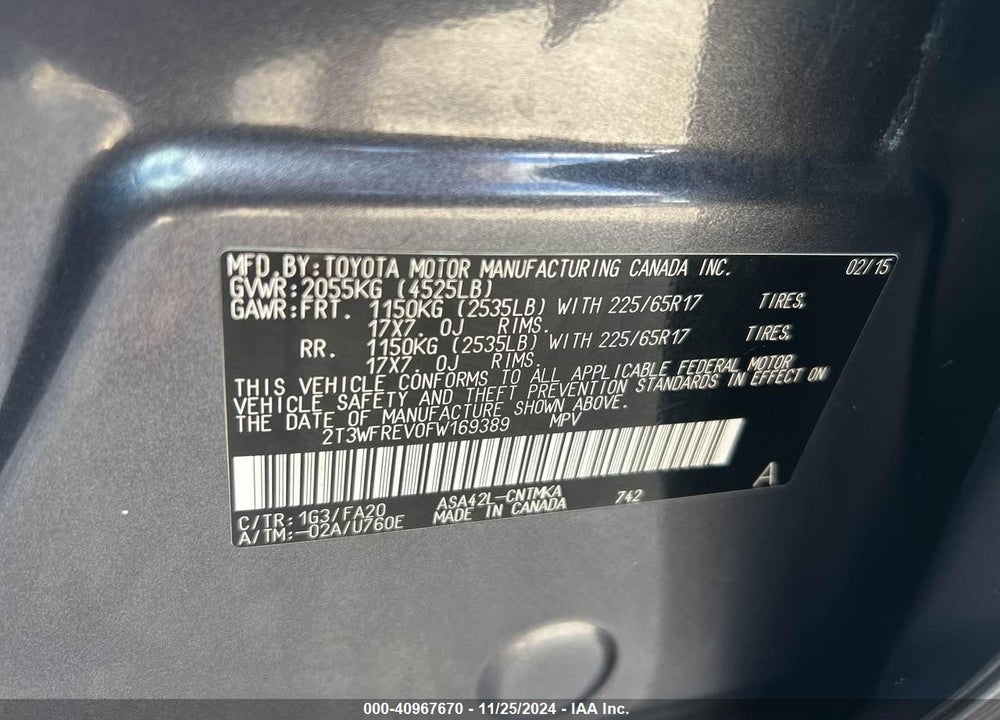 2015 TOYOTA RAV4 XLE VIN: 2T3WFREV0FW169389
