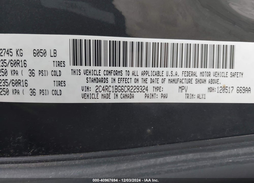 2012 CHRYSLER TOWN & COUNTRY TOURING VIN: 2C4RC1BG6CR229324