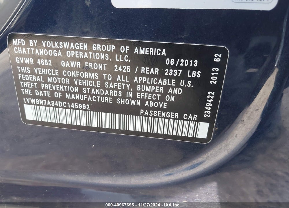 2013 VOLKSWAGEN PASSAT 2.0L TDI SE VIN: 1VWBN7A34DC145992