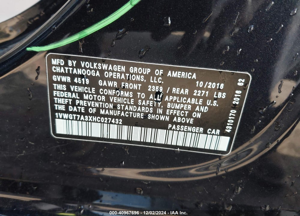 2017 VOLKSWAGEN PASSAT 1.8T SE VIN: 1VWGT7A3XHC027432