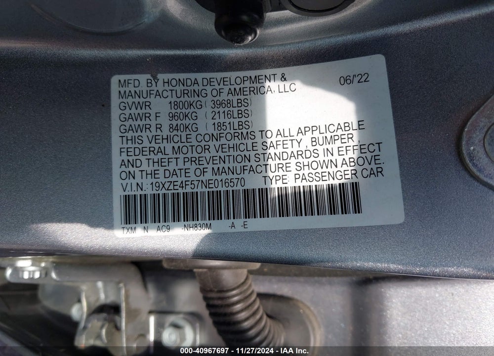 2022 HONDA INSIGHT EX VIN: 19XZE4F57NE016570