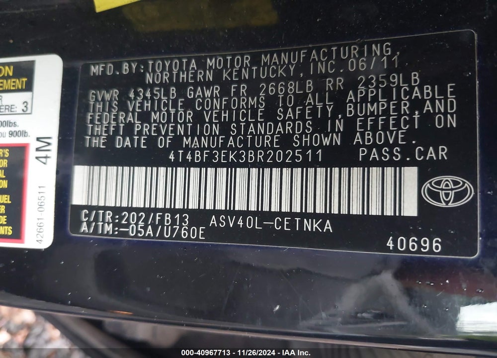 2011 TOYOTA CAMRY LE VIN: 4T4BF3EK3BR202511