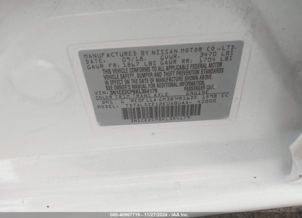 2019 NISSAN VERSA NOTE SV VIN: 3N1CE2CP8KL354179