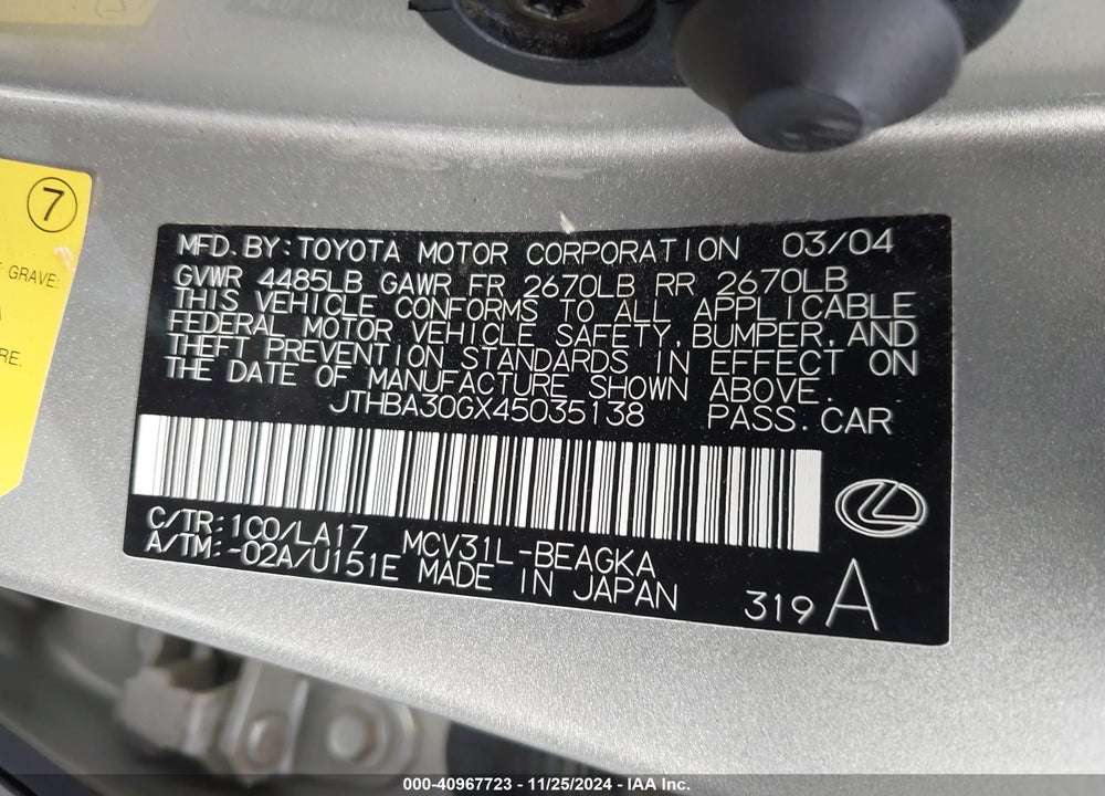 2004 LEXUS ES 330 VIN: JTHBA30GX45035138