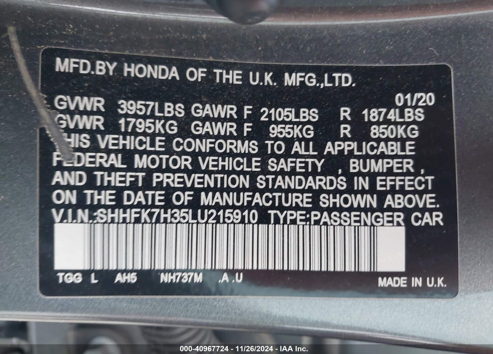 2020 HONDA CIVIC LX VIN: SHHFK7H35LU215910