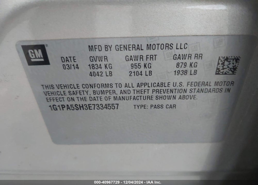 2014 CHEVROLET CRUZE LS AUTO VIN: 1G1PA5SH3E7334557