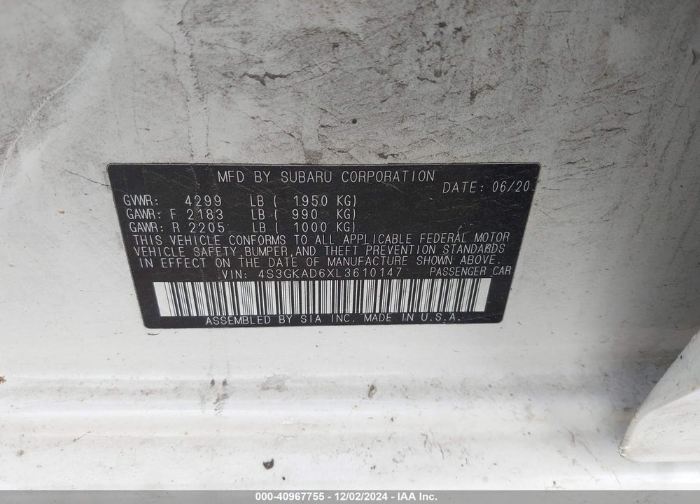 2020 SUBARU IMPREZA PREMIUM VIN: 4S3GKAD6XL3610147