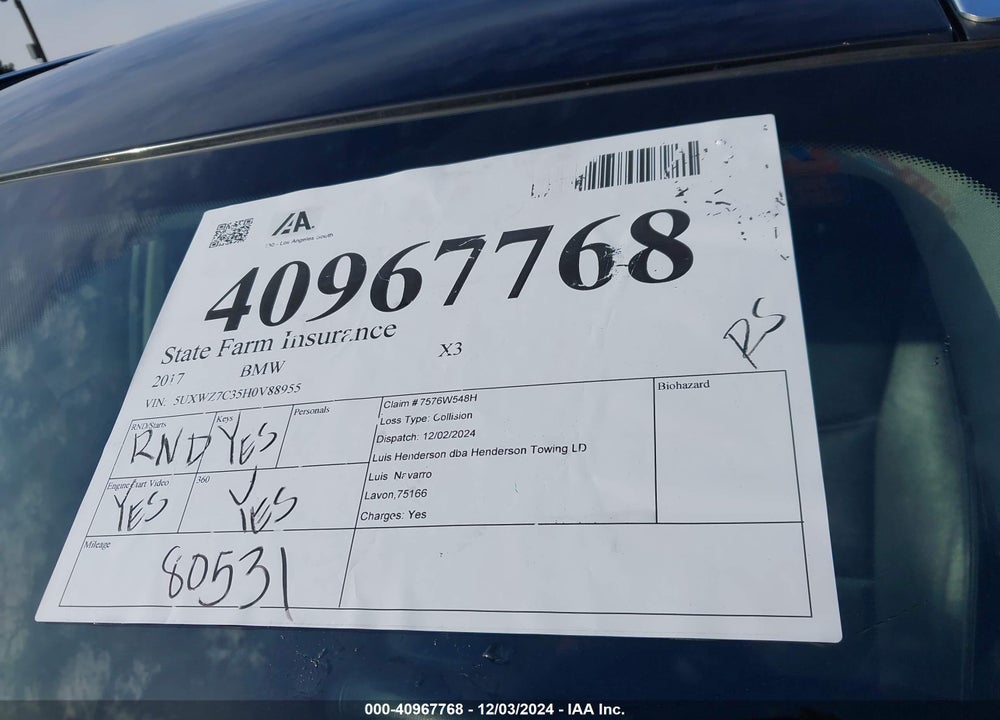 2017 BMW X3 SDRIVE28I VIN: 5UXWZ7C35H0V88955