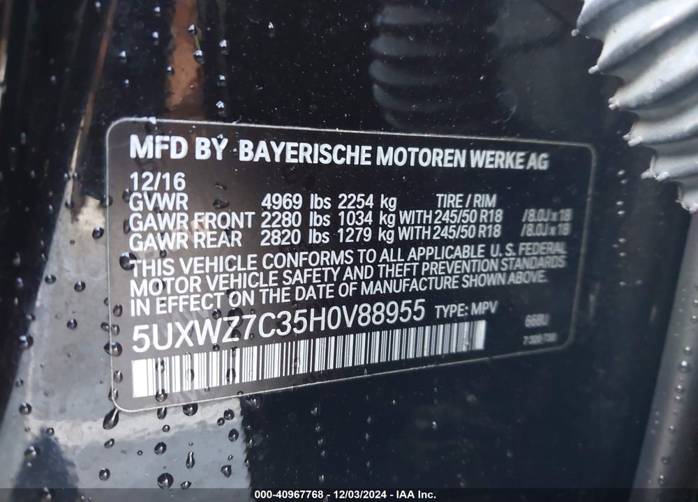 2017 BMW X3 SDRIVE28I VIN: 5UXWZ7C35H0V88955