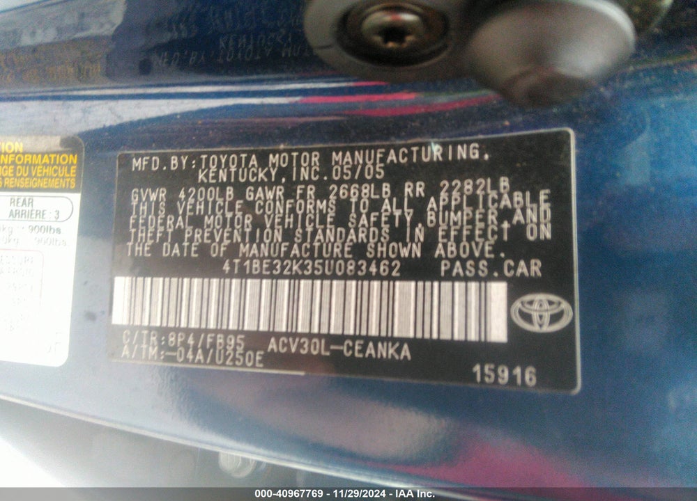 2005 TOYOTA CAMRY LE VIN: 4T1BE32K35U083462