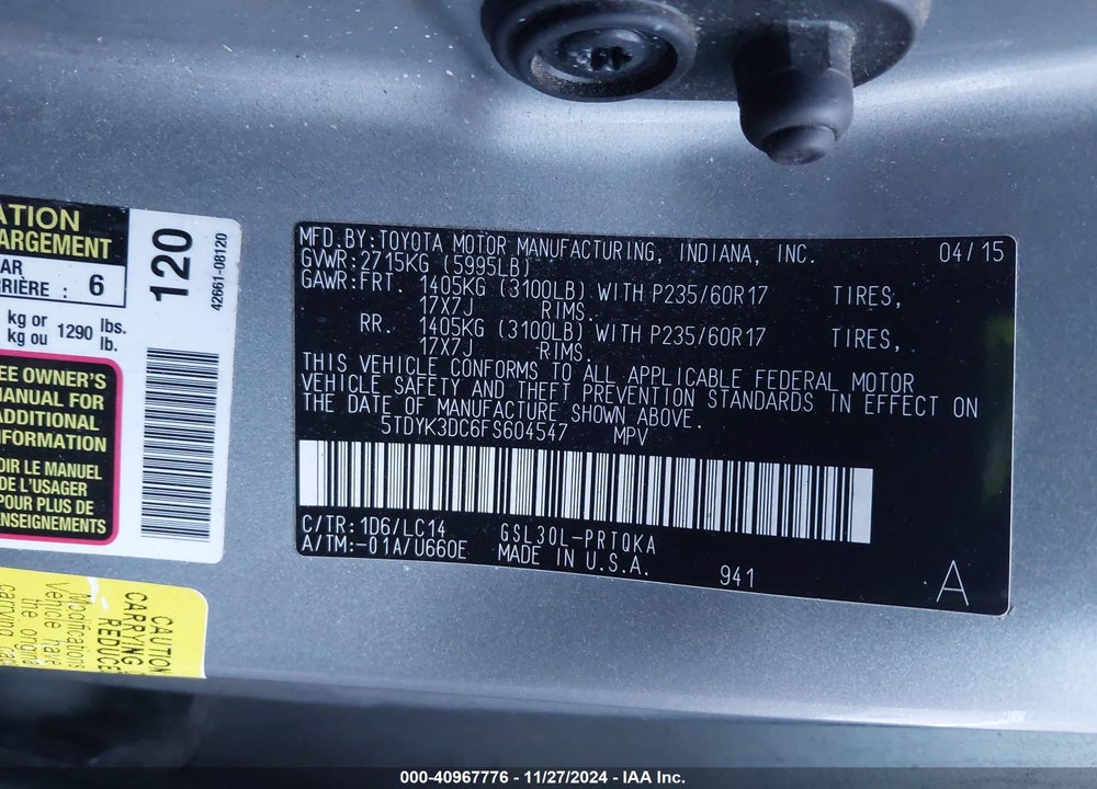 2015 TOYOTA SIENNA XLE 8 PASSENGER VIN: 5TDYK3DC6FS604547