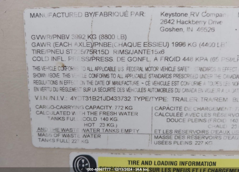 2018 KEYSTONE OTHER VIN: 4YDT31B21JD433732