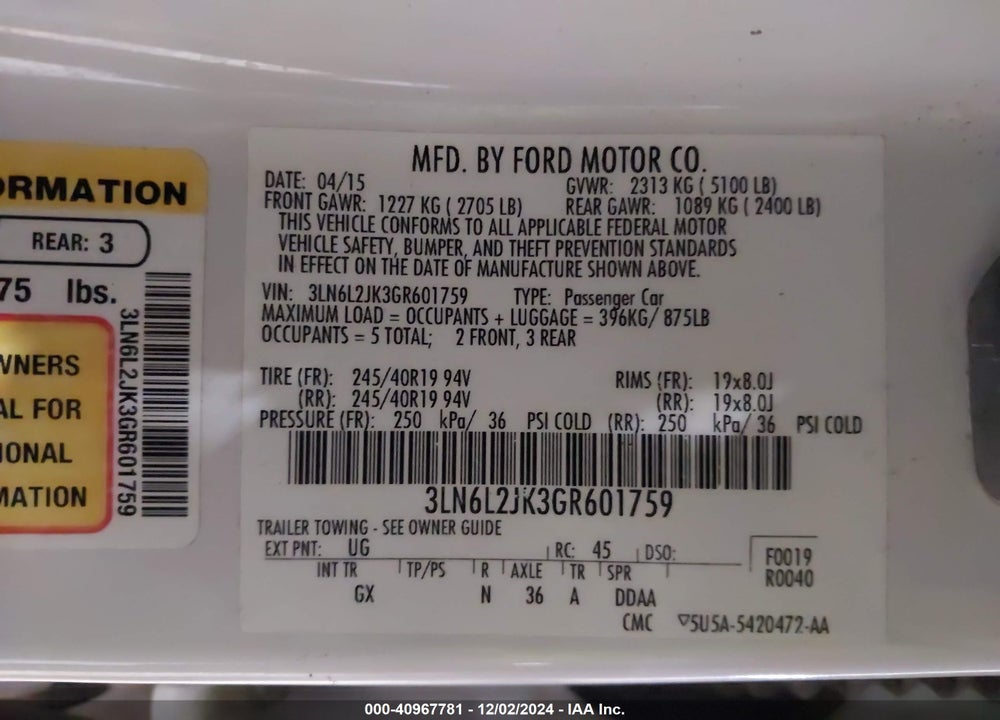 2016 LINCOLN MKZ VIN: 3LN6L2JK3GR601759