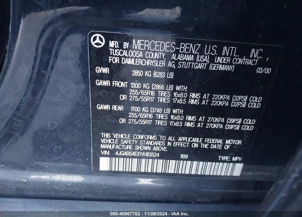 2000 MERCEDES-BENZ ML 320 VIN: 4JGAB54EXYA183524