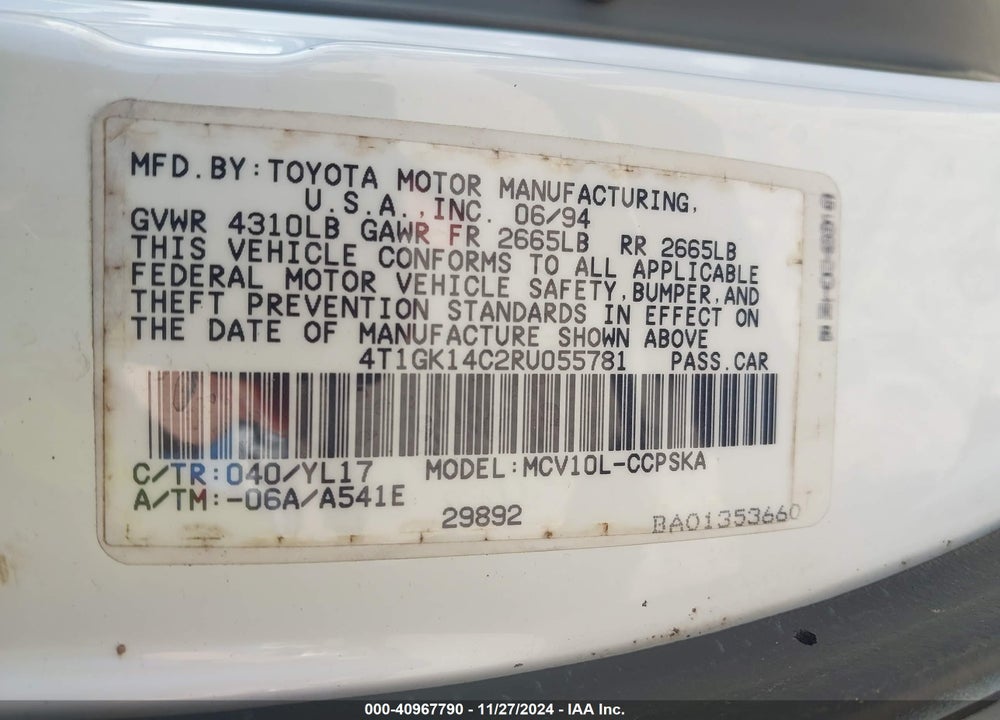 1994 TOYOTA CAMRY SE VIN: 4T1GK14C2RU055781