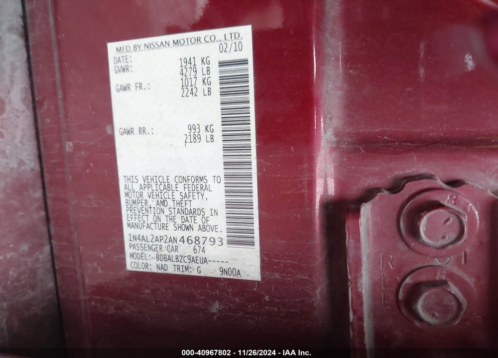 2010 NISSAN ALTIMA VIN: 1N4AL2AP2AN468793
