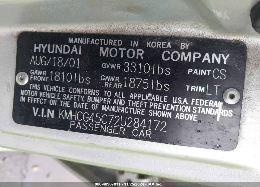 2002 HYUNDAI ACCENT GL VIN: KMHCG45C72U284172
