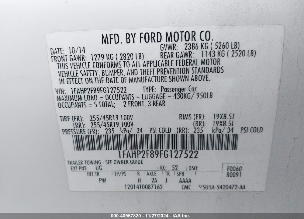 2015 FORD TAURUS LIMITED VIN: 1FAHP2F89FG127522