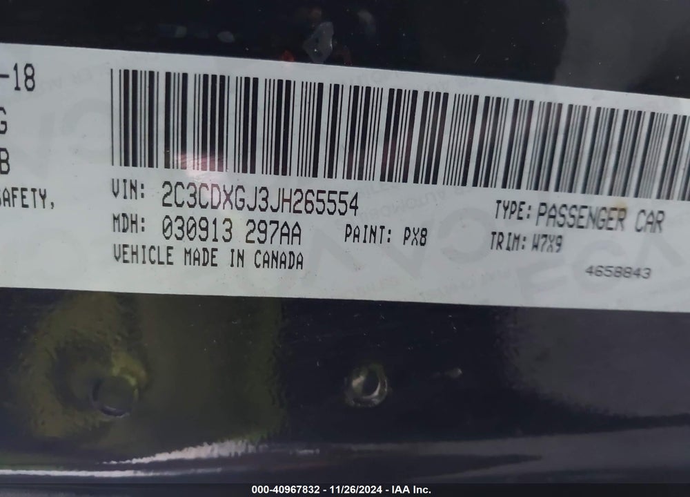 2018 DODGE CHARGER VIN: 2C3CDXGJ3JH265554