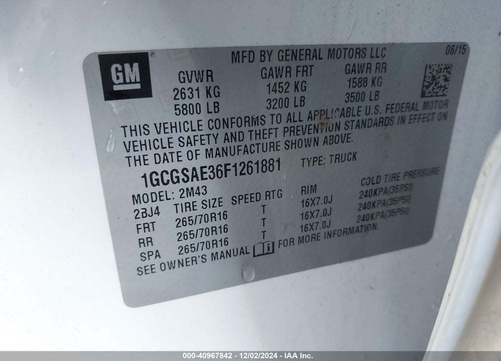 2015 CHEVROLET COLORADO VIN: 1GCGSAE36F1261881
