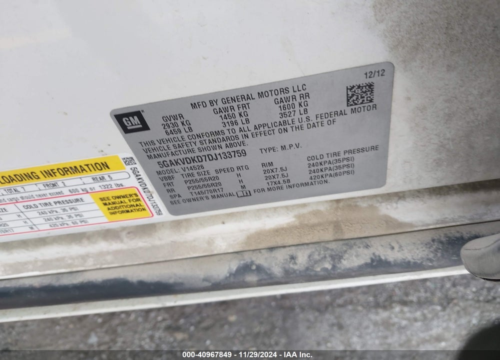 2013 BUICK ENCLAVE PREMIUM VIN: 5GAKVDKD7DJ133759
