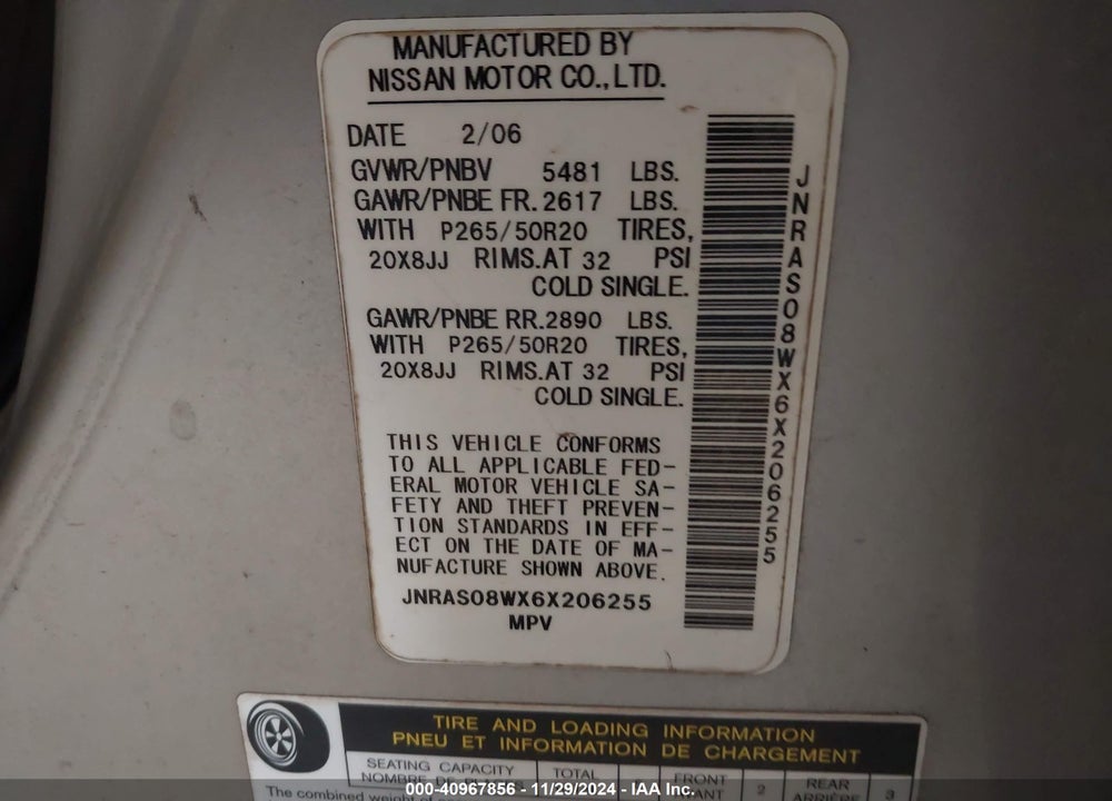 2006 INFINITI FX35 VIN: JNRAS08WX6X206255