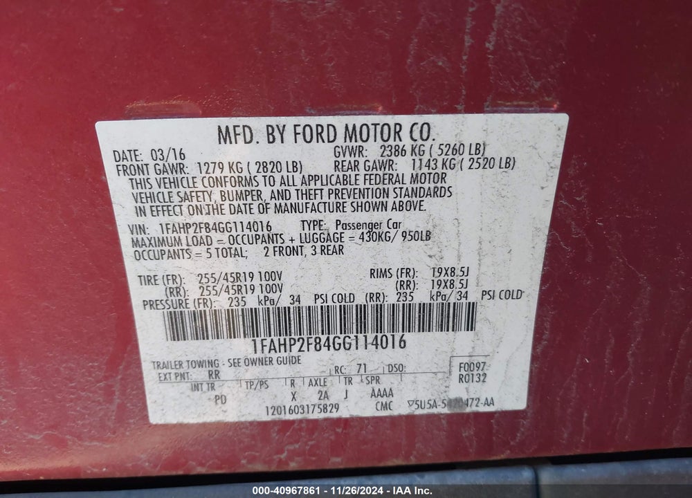 2016 FORD TAURUS VIN: 1FAHP2F84GG114016