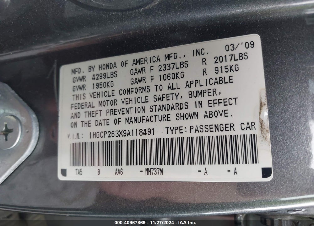 2009 HONDA ACCORD 2.4 LX VIN: 1HGCP263X9A118491