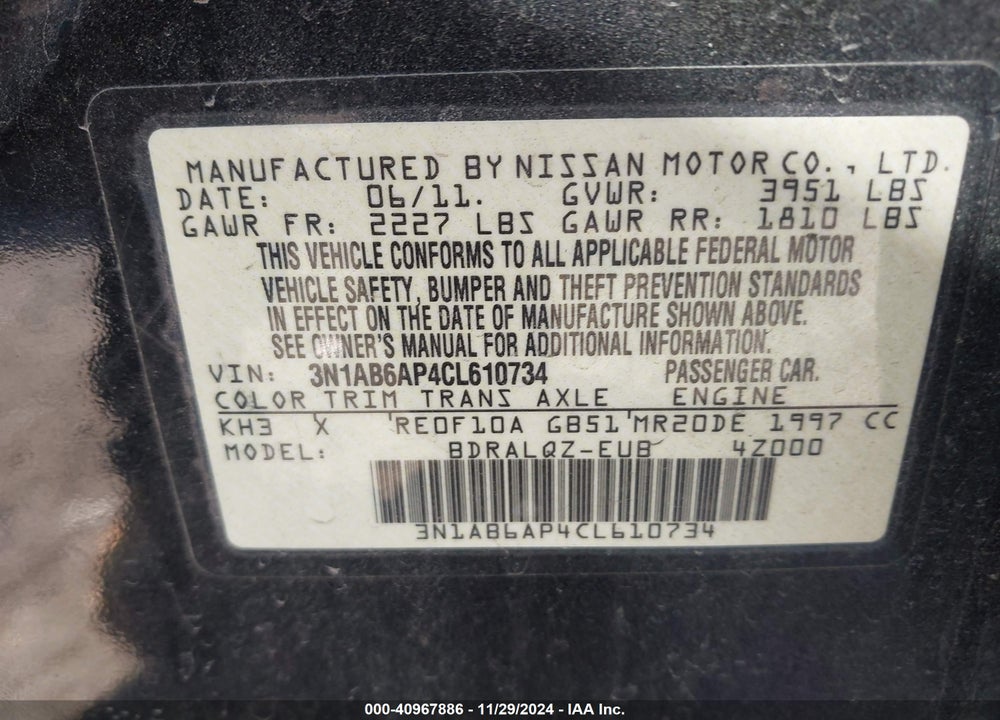 2012 NISSAN SENTRA 2.0 VIN: 3N1AB6AP4CL610734