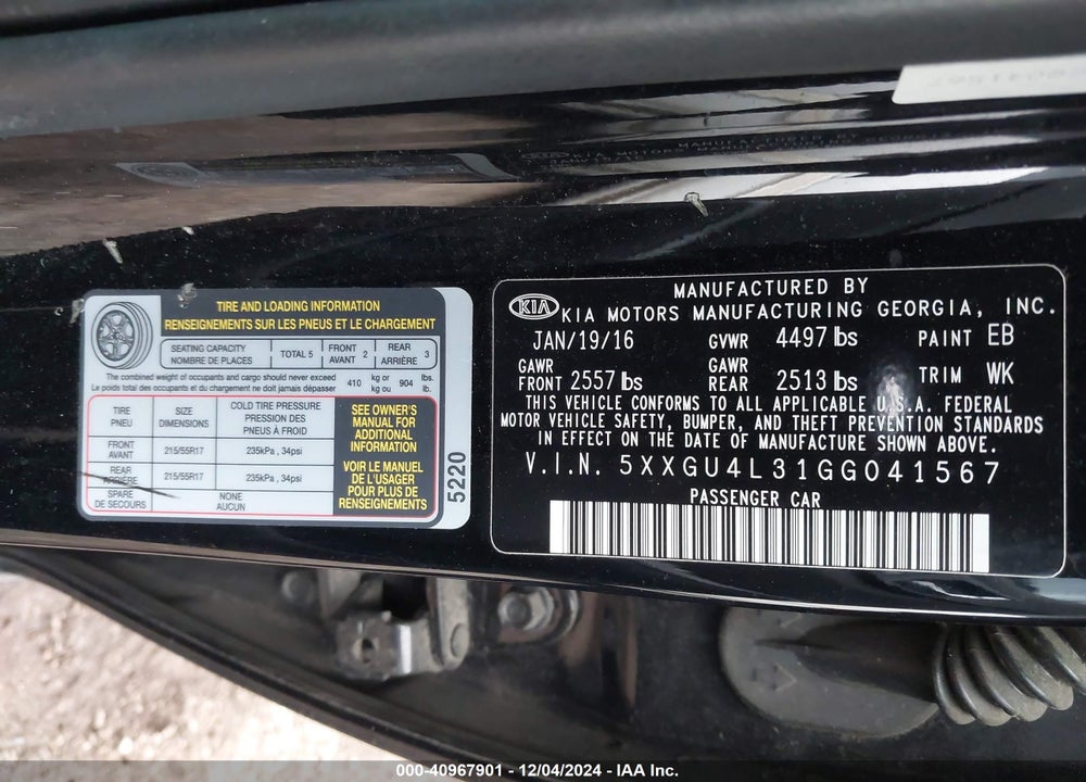 2016 KIA OPTIMA VIN: 5XXGU4L31GG041567