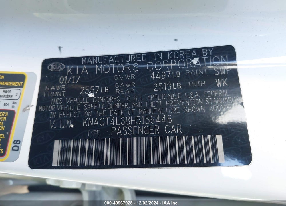 2017 KIA OPTIMA LX VIN: KNAGT4L38H5156446