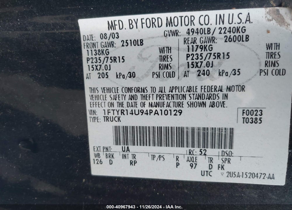 2004 FORD RANGER EDGE/TREMOR/XL/XLT VIN: 1FTYR14U94PA10129