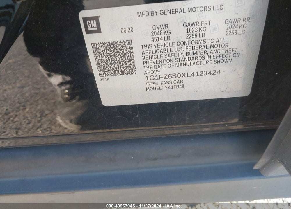 2020 CHEVROLET BOLT EV FWD PREMIER VIN: 1G1FZ6S0XL4123424