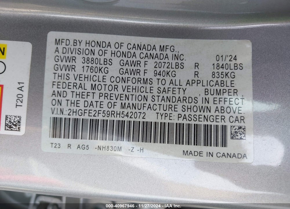 2024 HONDA CIVIC SPORT VIN: 2HGFE2F59RH542072