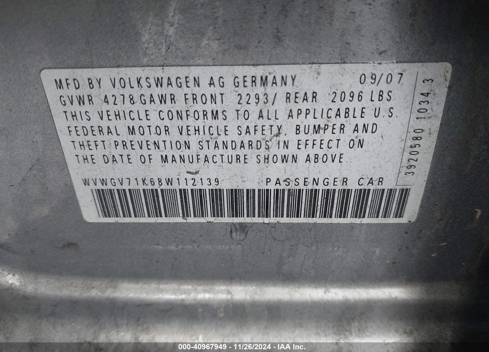 2008 VOLKSWAGEN GTI VIN: WVWGV71K68W112139