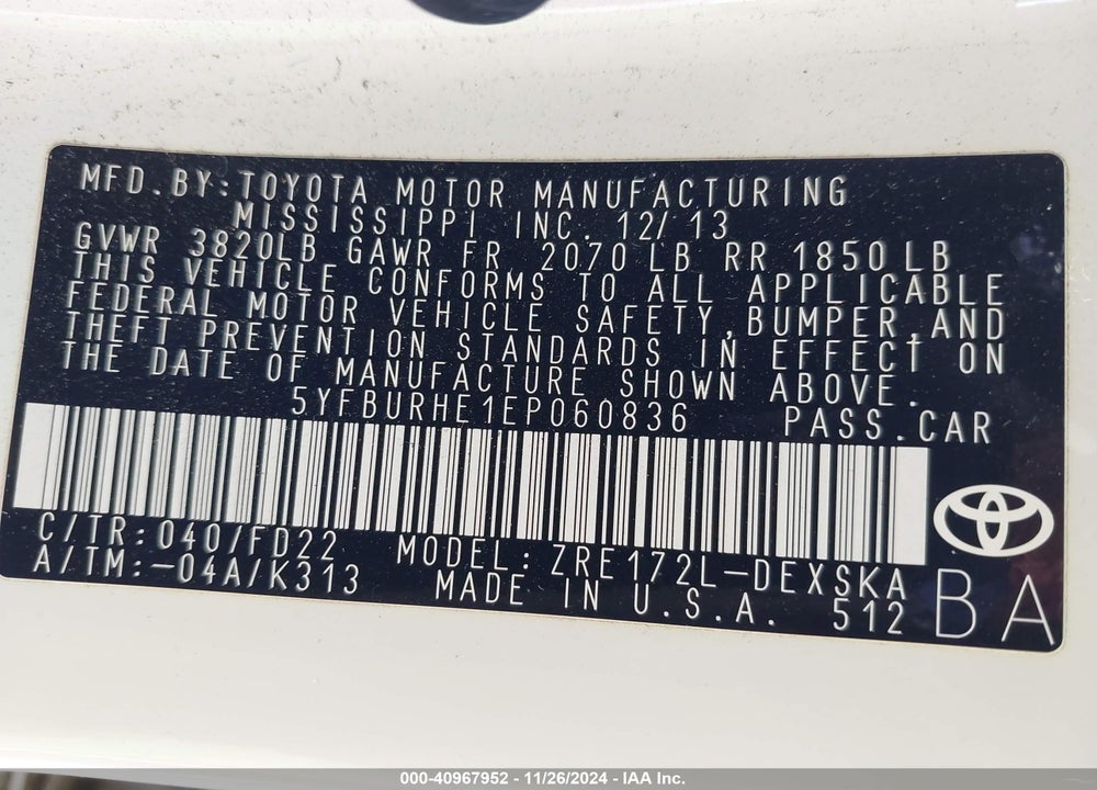 2014 TOYOTA COROLLA VIN: 5YFBURHE1EP060836
