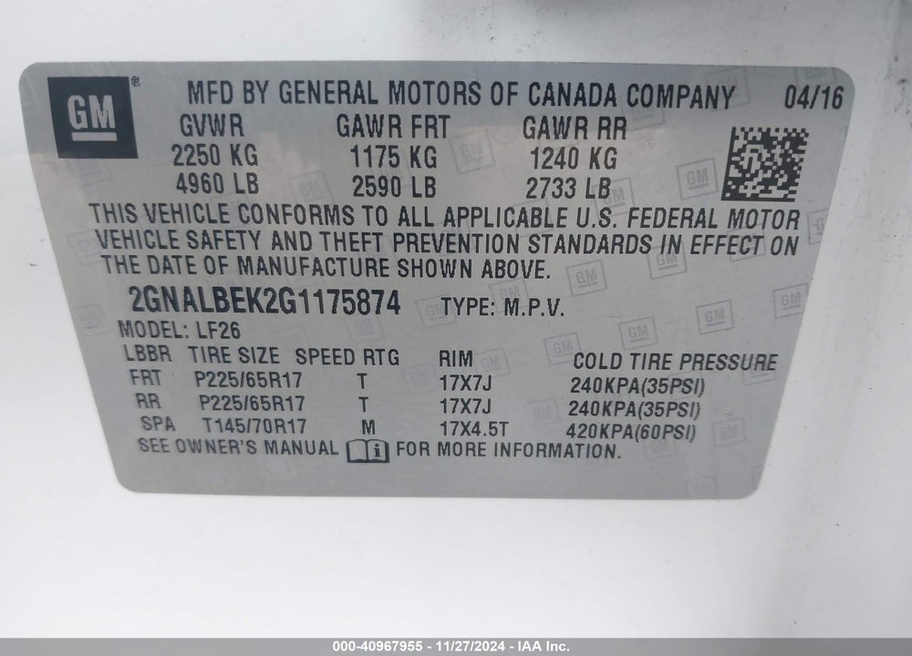2016 CHEVROLET EQUINOX LS VIN: 2GNALBEK2G1175874