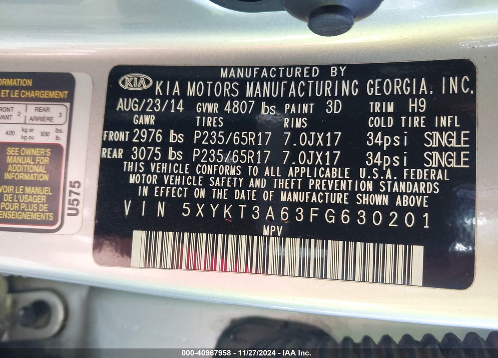 2015 KIA SORENTO LX VIN: 5XYKT3A63FG630201
