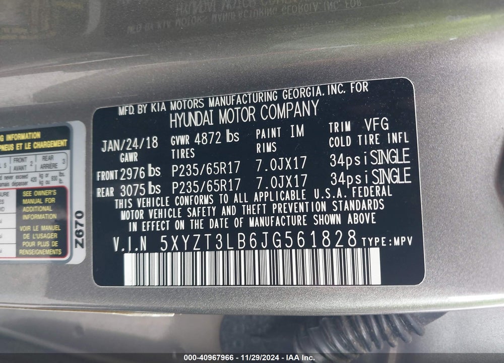 2018 HYUNDAI SANTA FE SPORT 2.4L VIN: 5XYZT3LB6JG561828