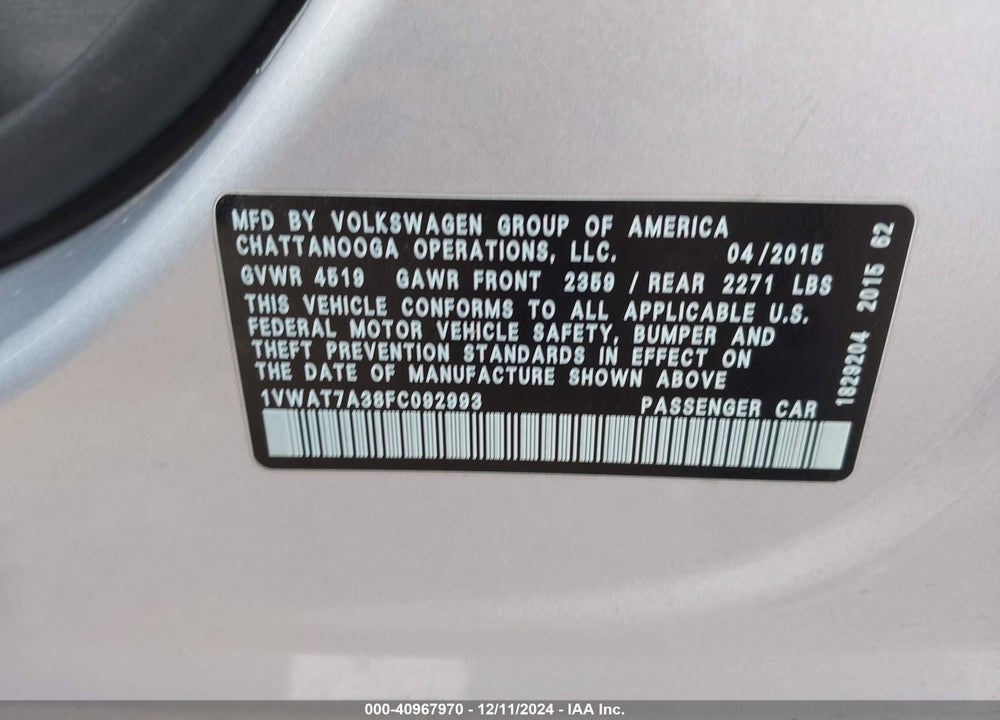2015 VOLKSWAGEN PASSAT 1.8T LIMITED EDITION VIN: 1VWAT7A38FC092993