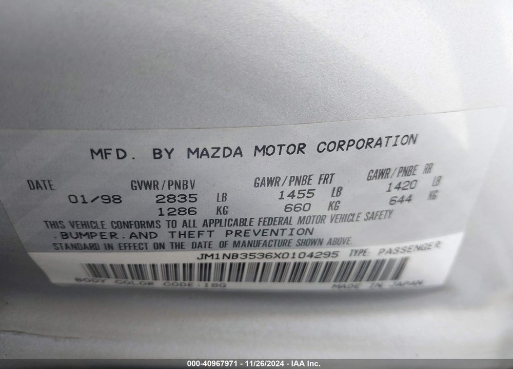 1999 MAZDA MX-5 MIATA LEATHER PKG/POPULAR EQUIPMENT PKG/SPORTS PKG/TOURING PKG VIN: JM1NB3536X0104295